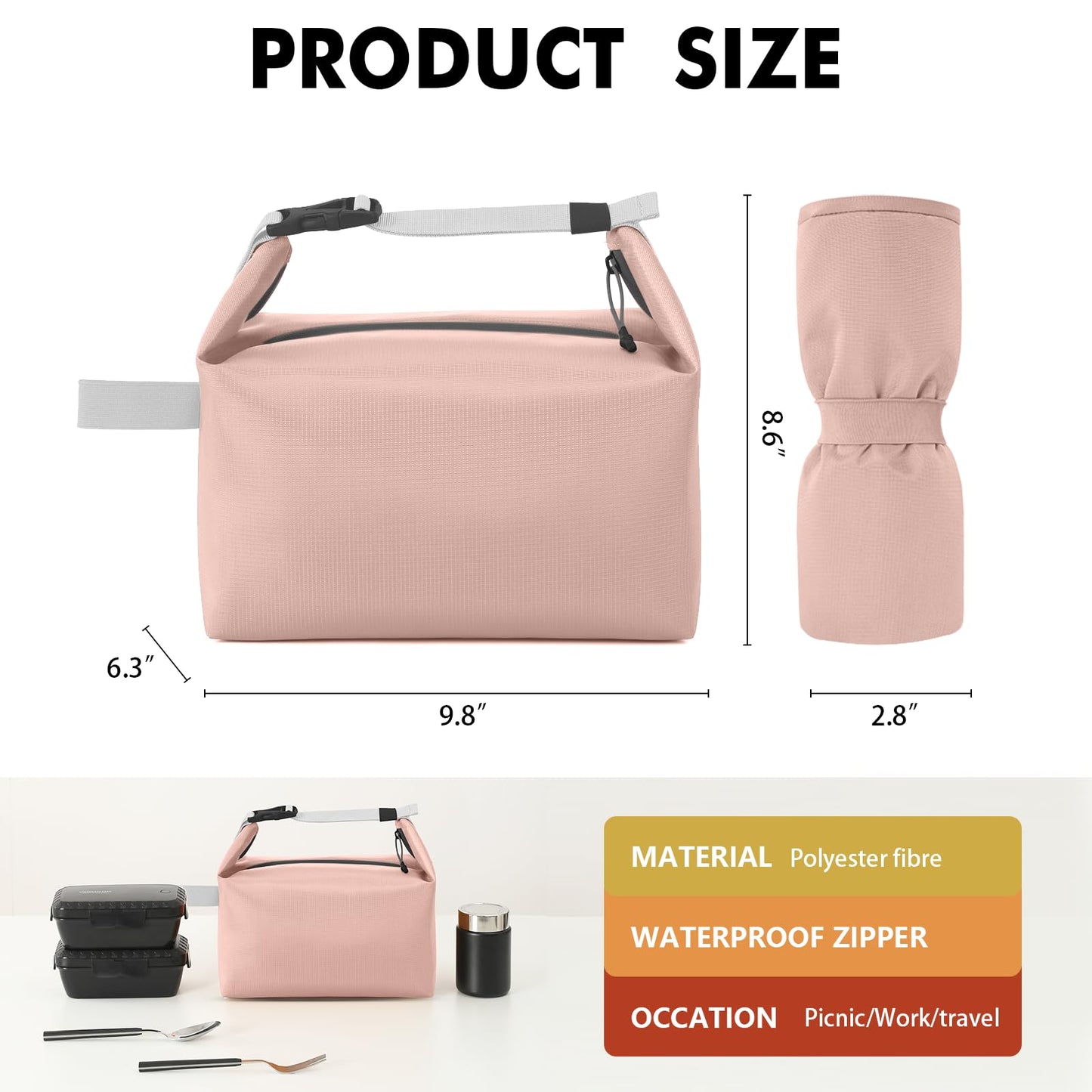 Foldable Lunch Bag – Reusable Insulated Cooler Tote with Waterproof Zipper, Leak-Proof Design, Lightweight & Compact, Ideal for Work, School, Picnic, Travel (Pink) - Image 2