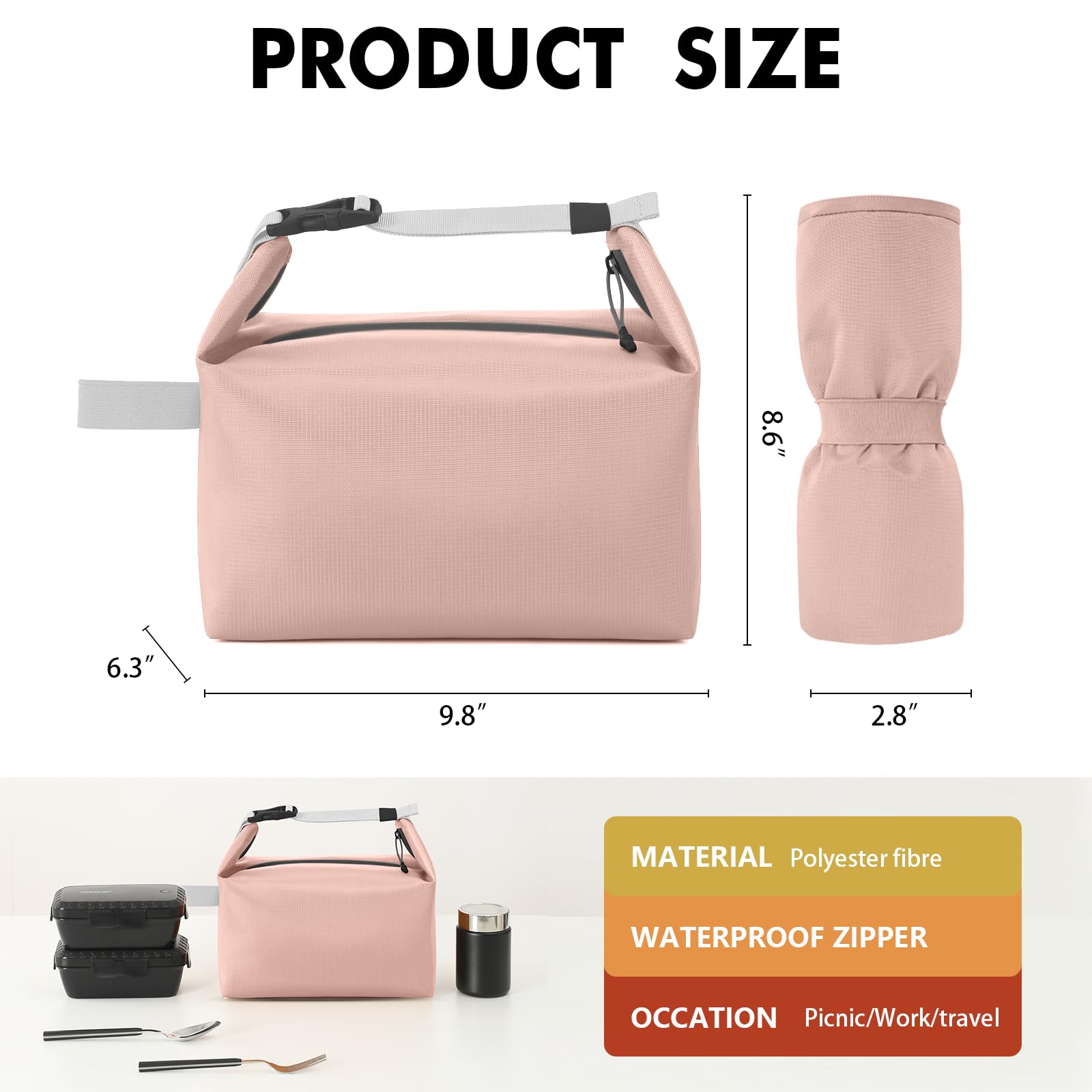 Foldable Lunch Bag – Reusable Insulated Cooler Tote with Waterproof Zipper, Leak-Proof Design, Lightweight & Compact, Ideal for Work, School, Picnic, Travel (Pink) - Image 2