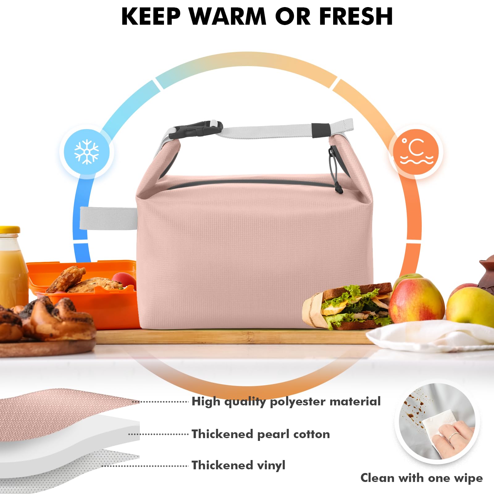 Foldable Lunch Bag – Reusable Insulated Cooler Tote with Waterproof Zipper, Leak-Proof Design, Lightweight & Compact, Ideal for Work, School, Picnic, Travel (Pink) - Image 3