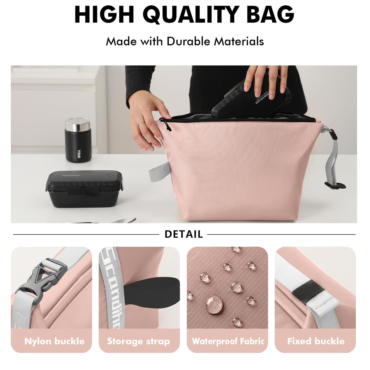 Foldable Lunch Bag – Reusable Insulated Cooler Tote with Waterproof Zipper, Leak-Proof Design, Lightweight & Compact, Ideal for Work, School, Picnic, Travel (Pink) - Image 4