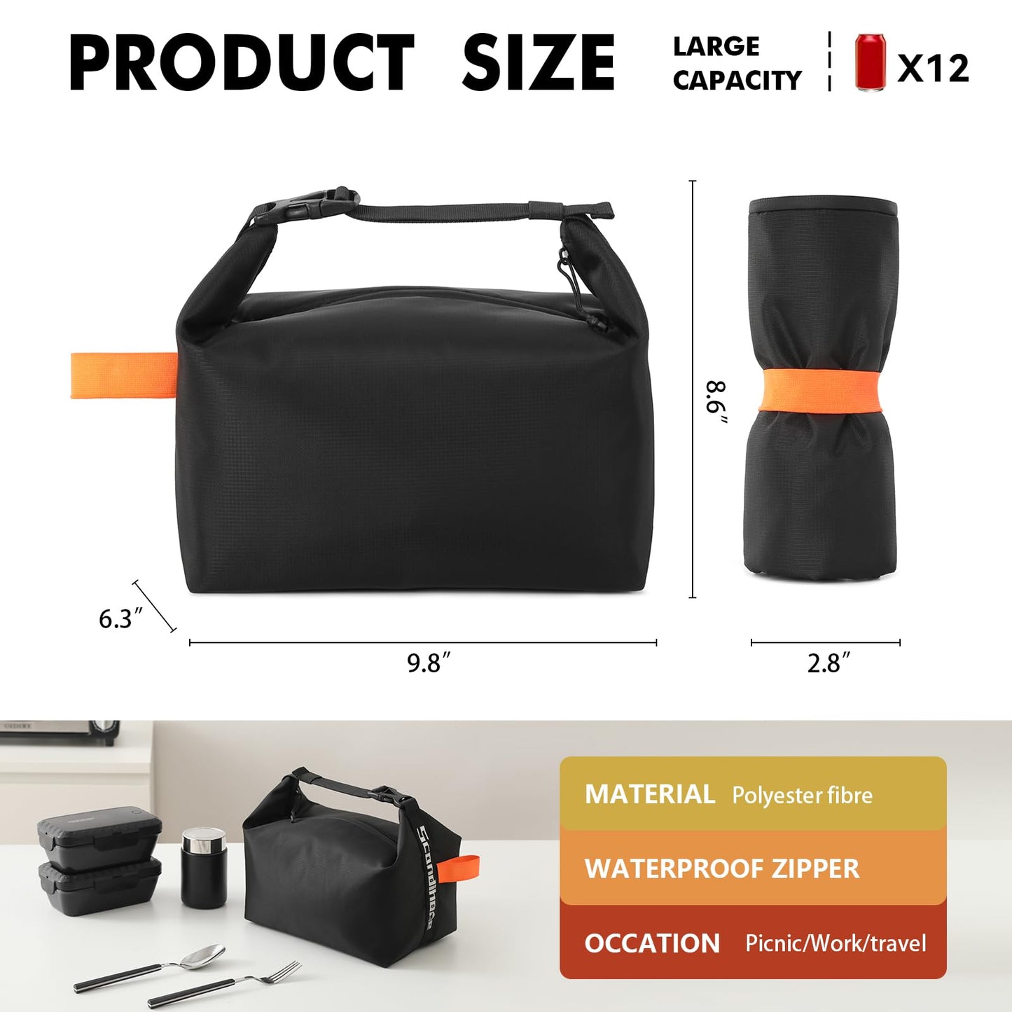 Foldable Lunch Bag – Reusable Insulated Cooler Tote with Waterproof Zipper, Leak-Proof Design, Lightweight & Compact, Ideal for Work, School, Picnic, Travel (Black) - Image 2