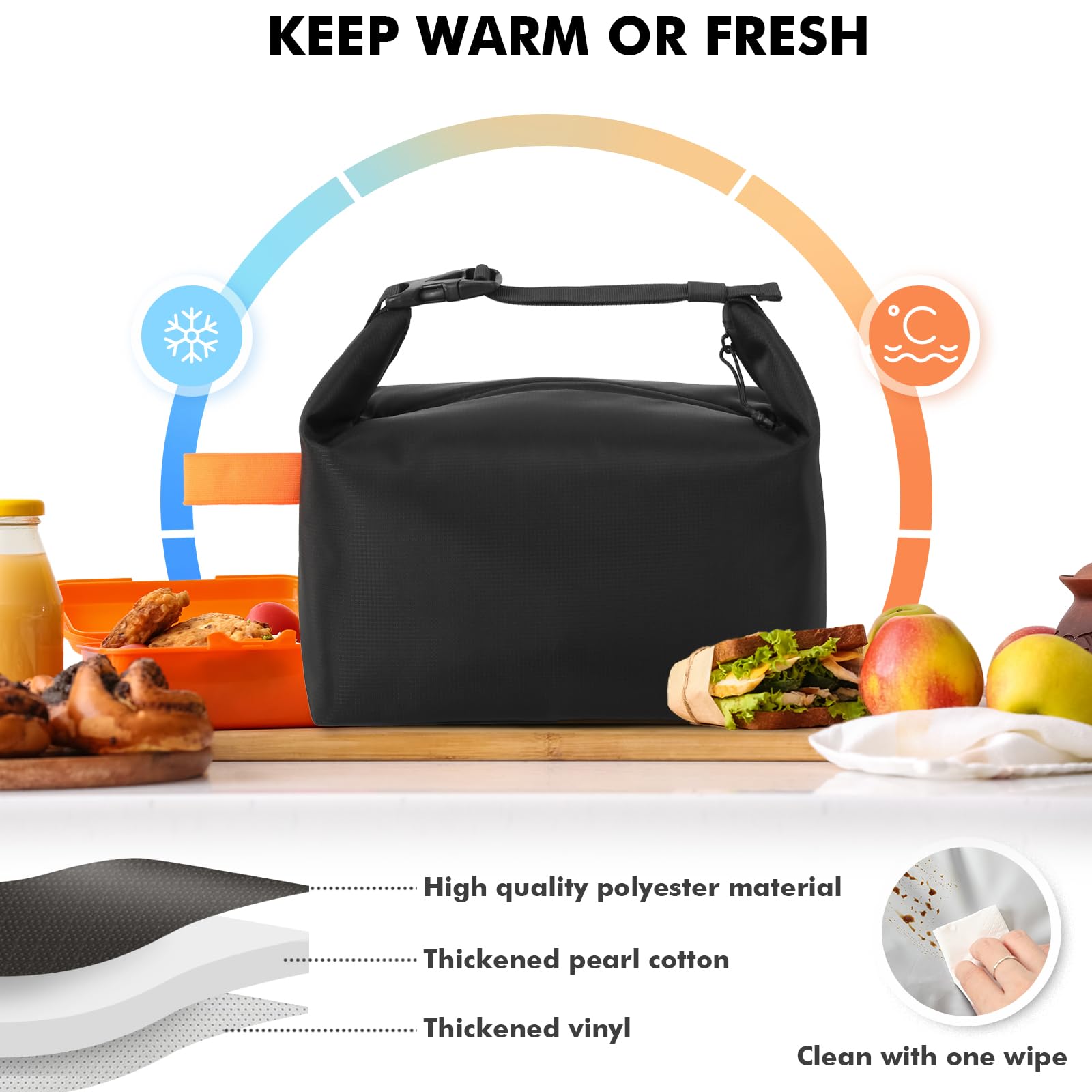 Foldable Lunch Bag – Reusable Insulated Cooler Tote with Waterproof Zipper, Leak-Proof Design, Lightweight & Compact, Ideal for Work, School, Picnic, Travel (Black) - Image 4