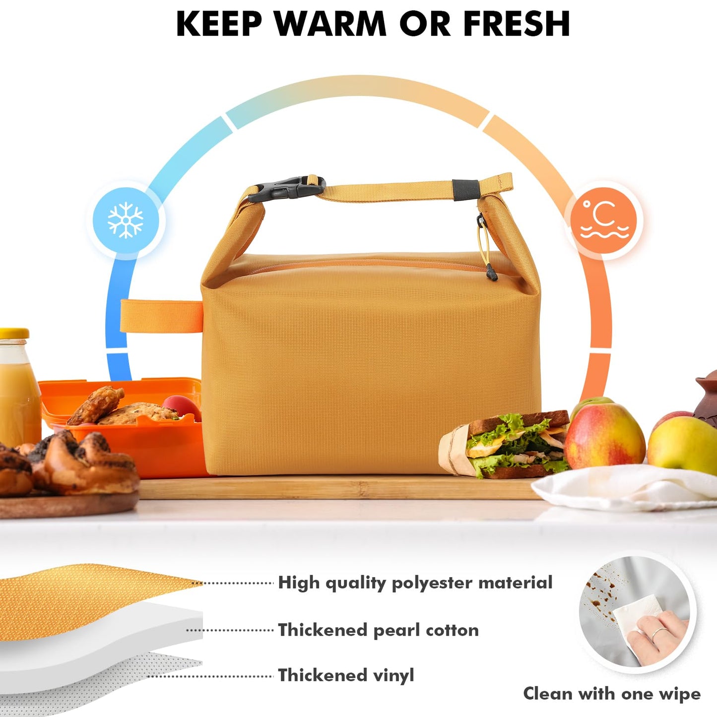 Foldable Lunch Bag – Reusable Insulated Cooler Tote with Waterproof Zipper, Leak-Proof Design, Lightweight & Compact, Ideal for Work, School, Picnic, Travel (Yellow) - Image 4
