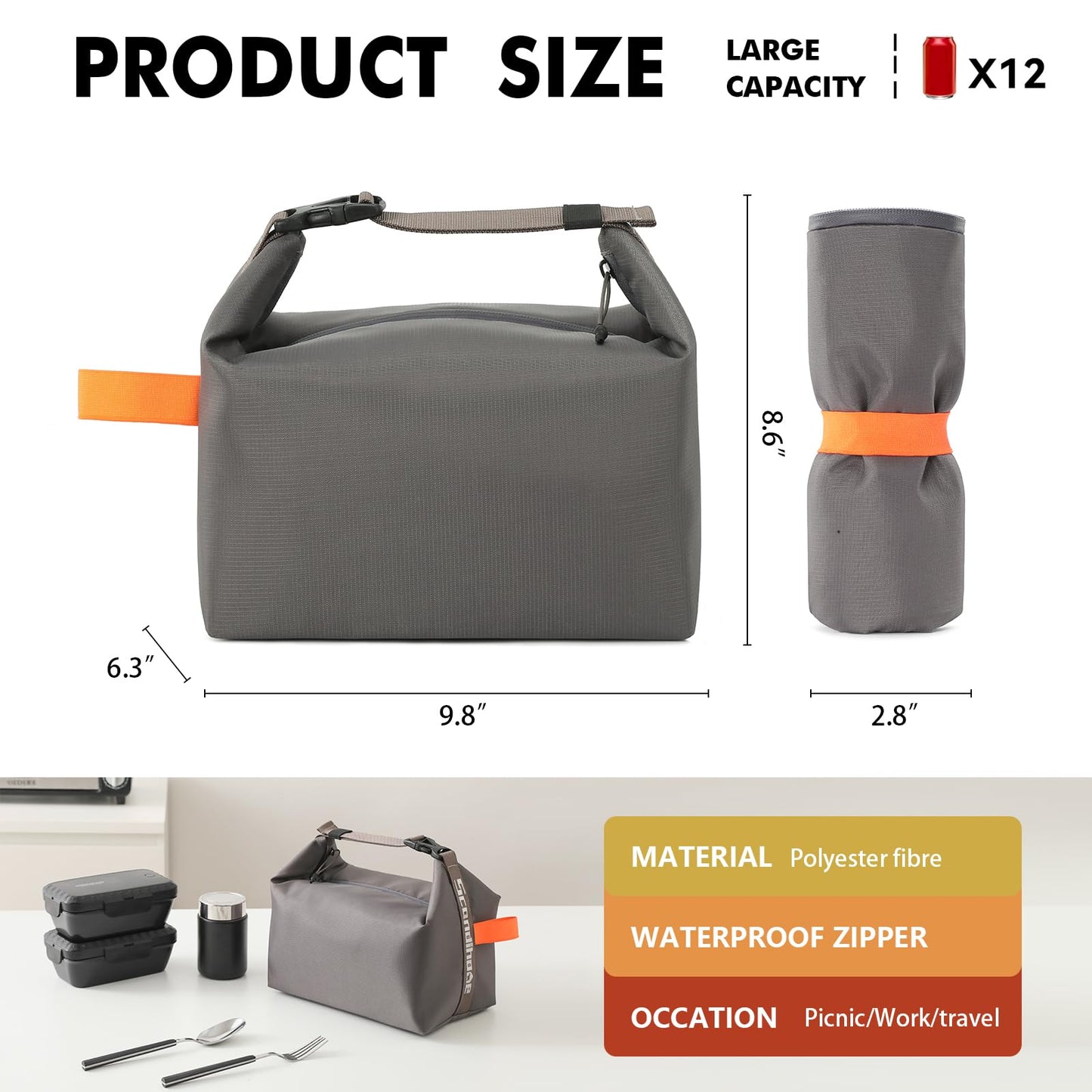 Foldable Lunch Bag – Reusable Insulated Cooler Tote with Waterproof Zipper, Leak-Proof Design, Lightweight & Compact, Ideal for Work, School, Picnic, Travel (Grey) - Image 2