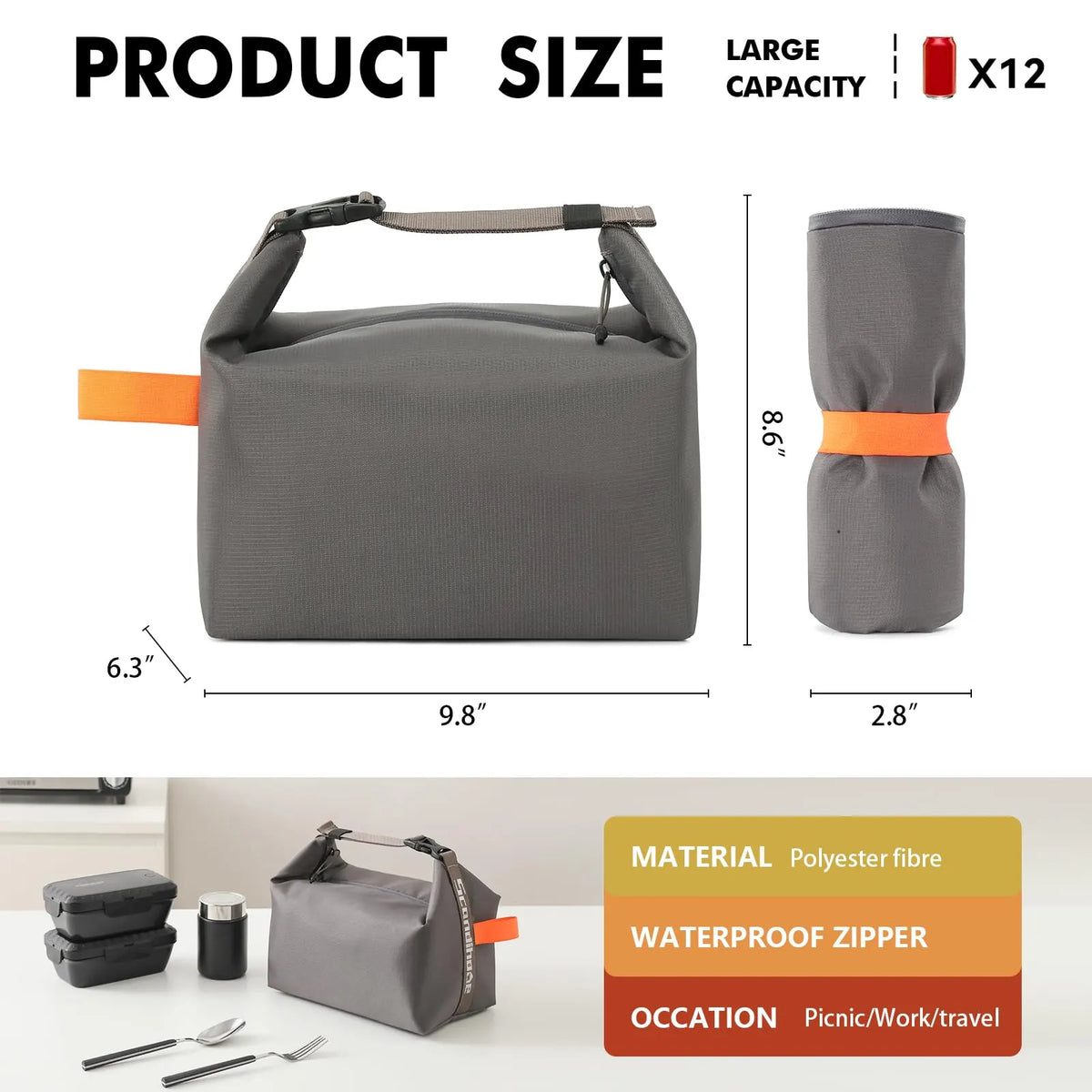 Foldable Lunch Bag – Reusable Insulated Cooler Tote with Waterproof Zipper, Leak-Proof Design, Lightweight & Compact, Ideal for Work, School, Picnic, Travel (Grey) - Image 2