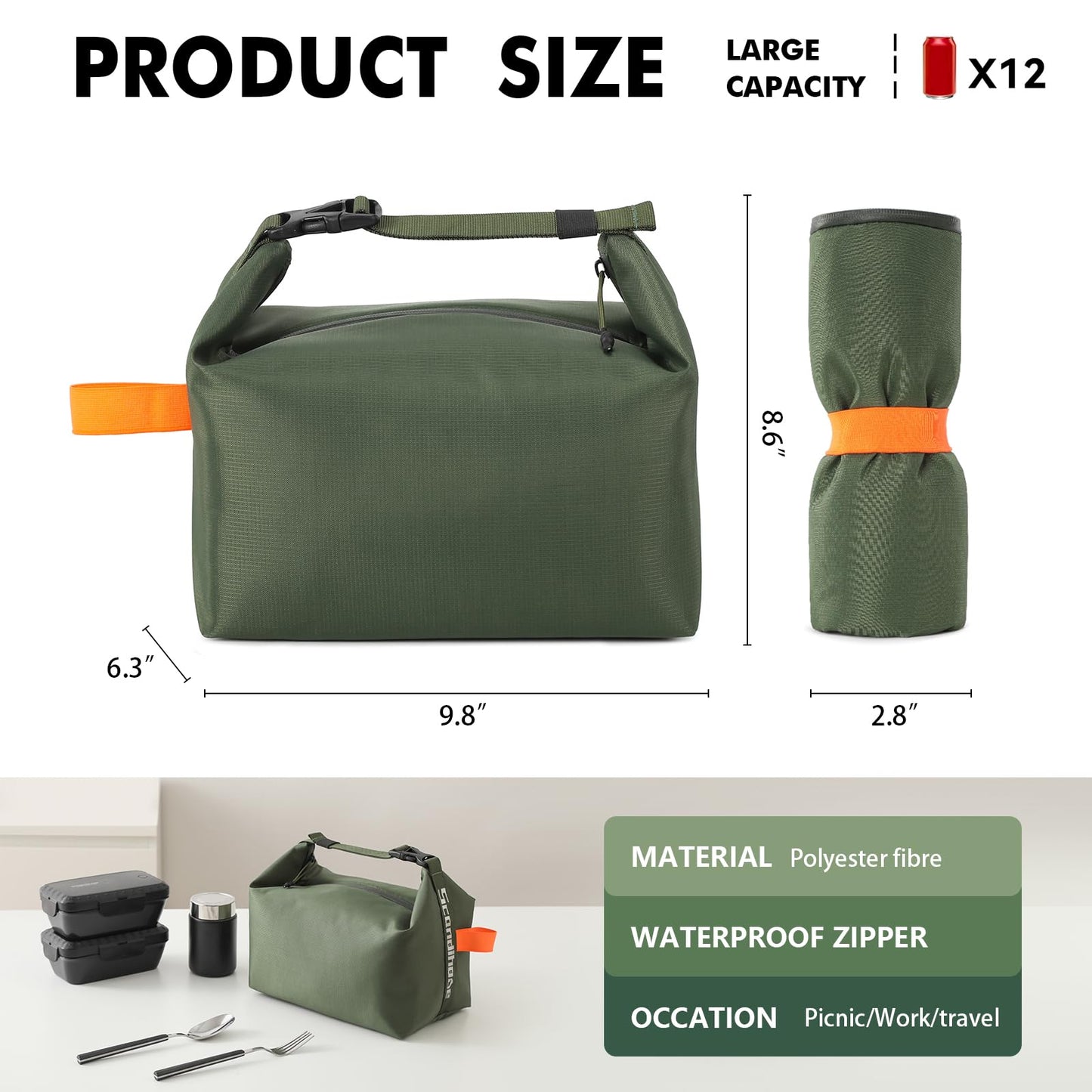 Foldable Lunch Bag – Reusable Insulated Cooler Tote with Waterproof Zipper, Leak-Proof Design, Lightweight & Compact, Ideal for Work, School, Picnic, Travel (Military green) - Image 2