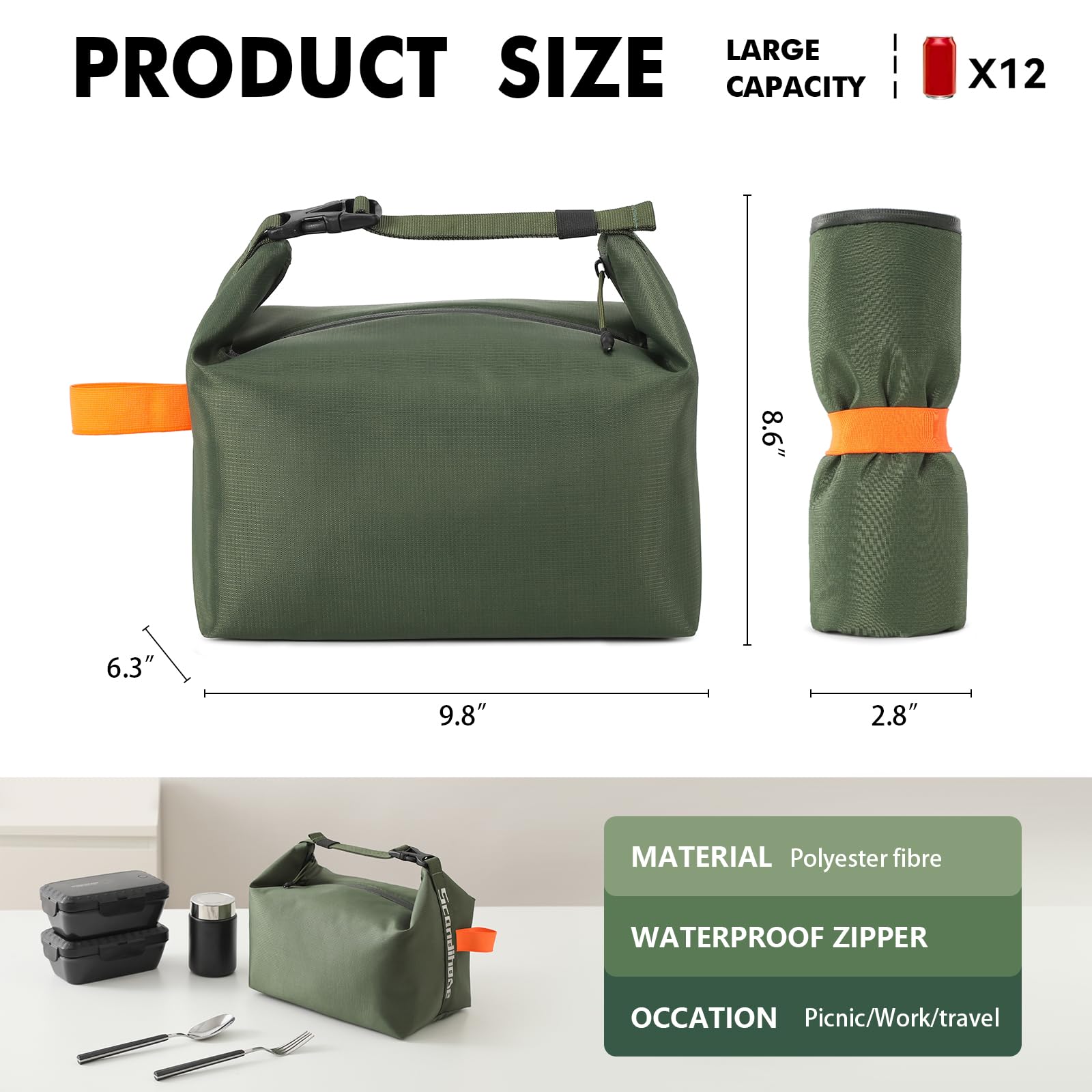 Foldable Lunch Bag – Reusable Insulated Cooler Tote with Waterproof Zipper, Leak-Proof Design, Lightweight & Compact, Ideal for Work, School, Picnic, Travel (Military green) - Image 2