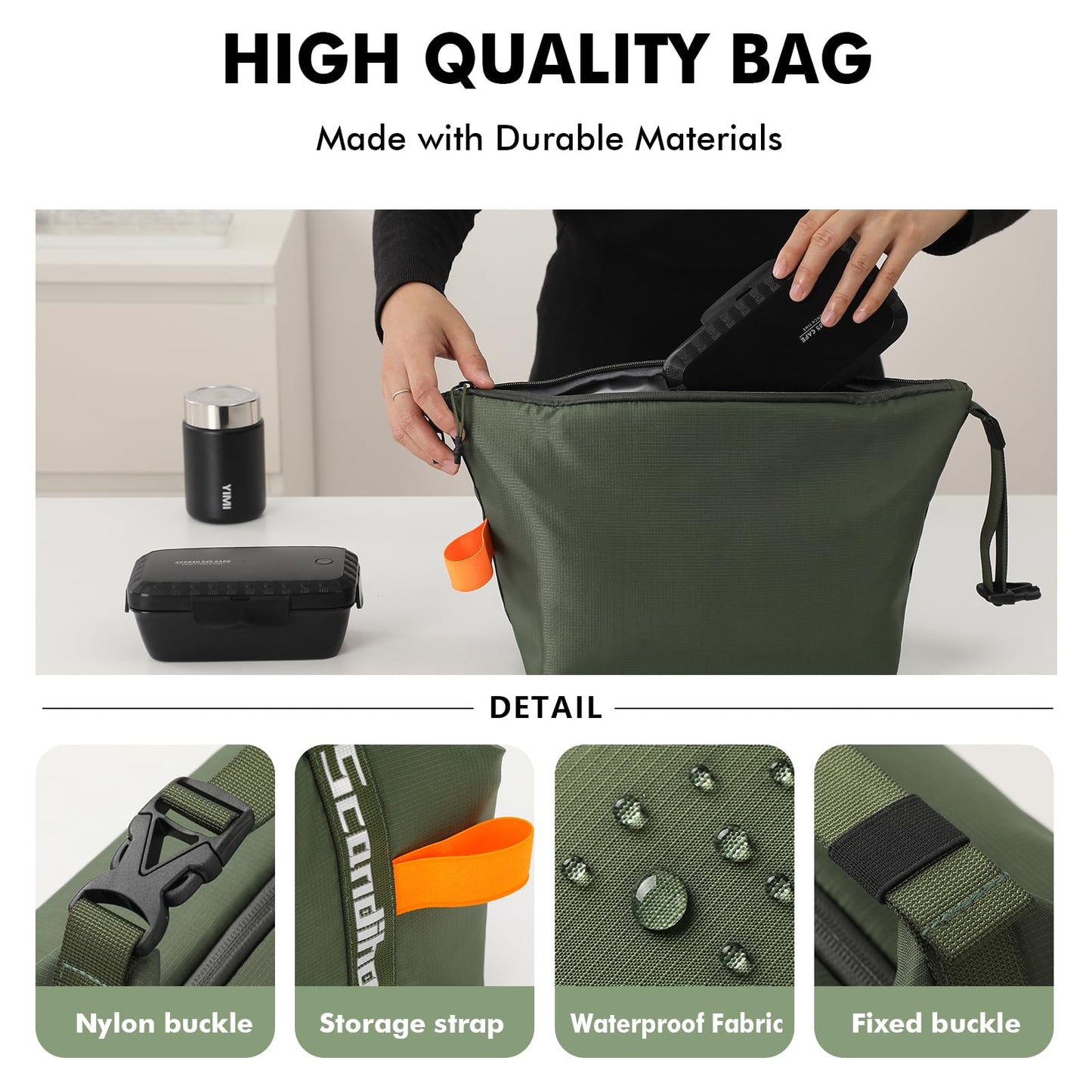 Foldable Lunch Bag – Reusable Insulated Cooler Tote with Waterproof Zipper, Leak-Proof Design, Lightweight & Compact, Ideal for Work, School, Picnic, Travel (Military green) - Image 3