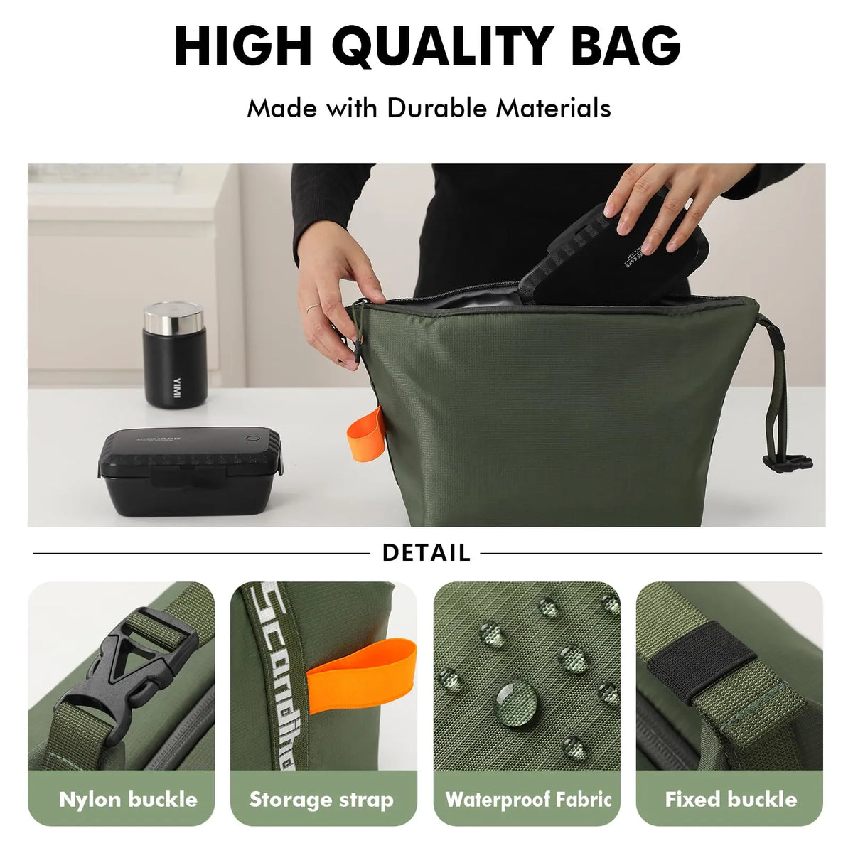 Foldable Lunch Bag – Reusable Insulated Cooler Tote with Waterproof Zipper, Leak-Proof Design, Lightweight & Compact, Ideal for Work, School, Picnic, Travel (Military green) - Image 3