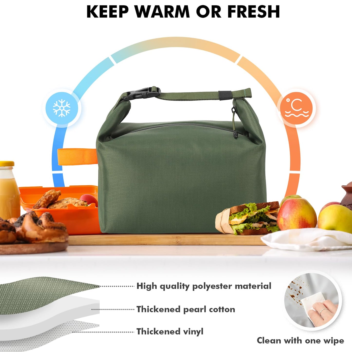 Foldable Lunch Bag – Reusable Insulated Cooler Tote with Waterproof Zipper, Leak-Proof Design, Lightweight & Compact, Ideal for Work, School, Picnic, Travel (Military green) - Image 4