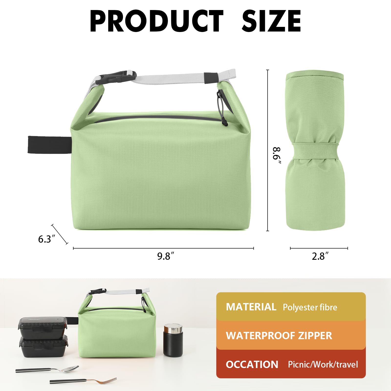 Foldable Lunch Bag – Reusable Insulated Cooler Tote with Waterproof Zipper, Leak-Proof Design, Lightweight & Compact, Ideal for Work, School, Picnic, Travel (Green) - Image 2