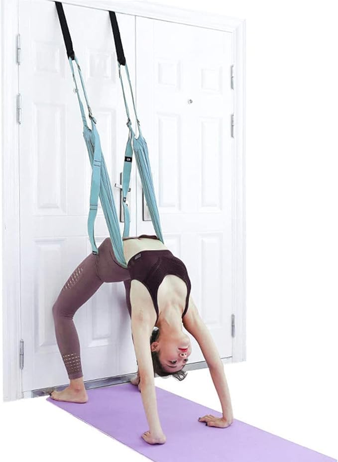 Door-Hanging Yoga Hammock for Backbend & Stretching – Adjustable Aerial Yoga Strap with Dual Anchors, Full-Body Flexibility Trainer for Home Use (Blue)