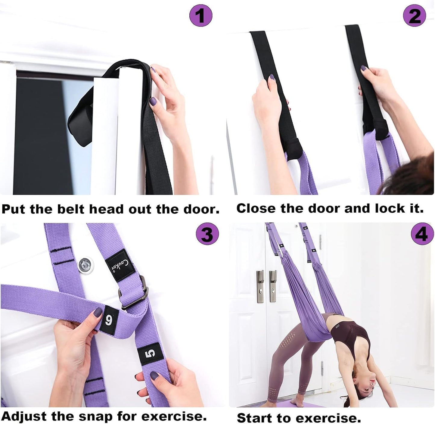Door-Hanging Yoga Hammock for Backbend & Stretching – Adjustable Aerial Yoga Strap with Dual Anchors, Full-Body Flexibility Trainer for Home Use (Purple) - Image 2