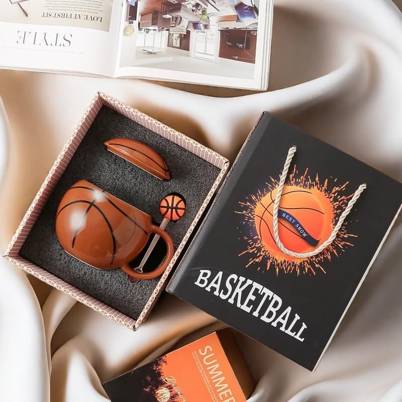 Basketball-Themed Ceramic Mug with Lid and Spoon – Fun Sports Gift for Fans, Players, Coaches & Kids – 14oz Coffee Tea Cup with Basketball Design (Red) - Image 3