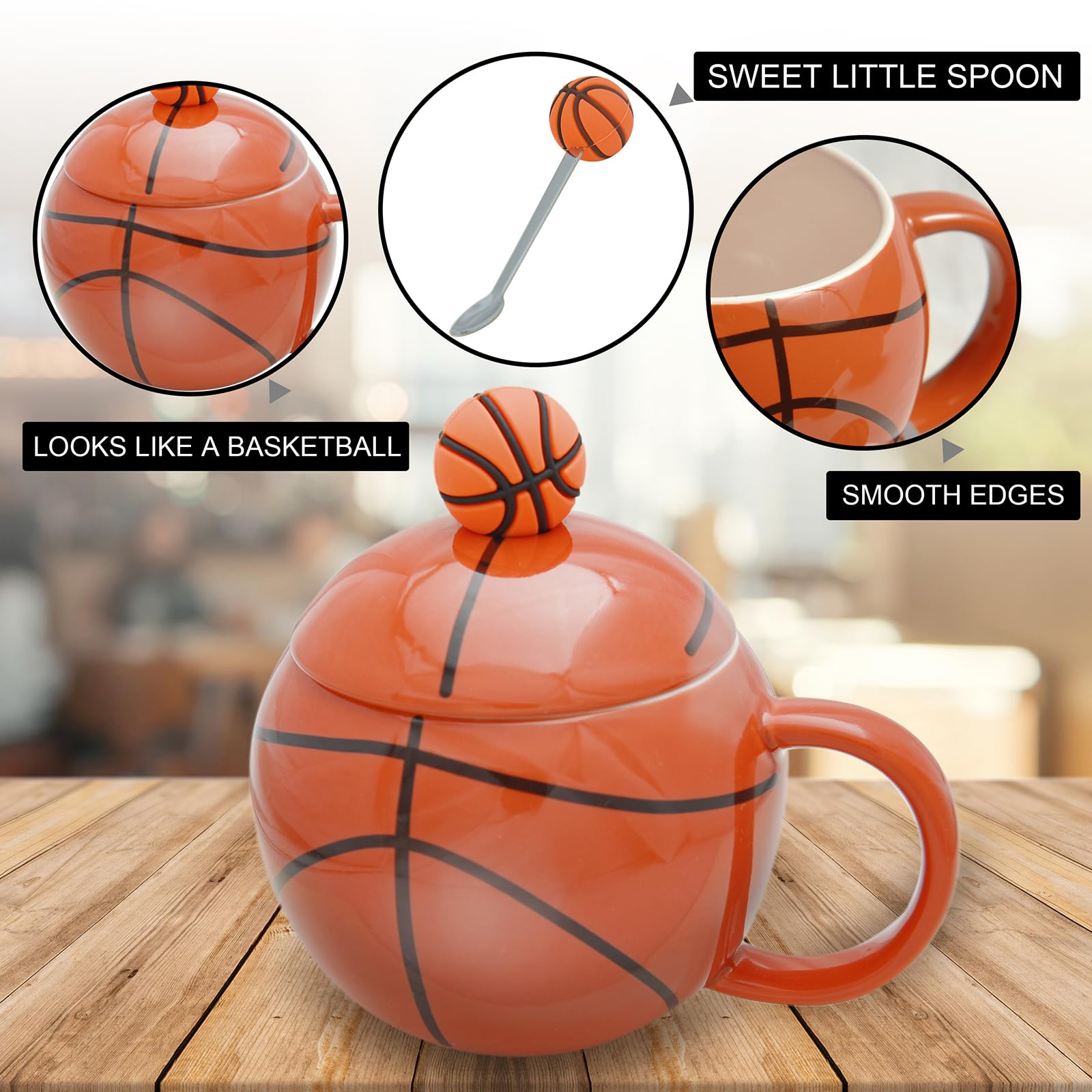 Basketball-Themed Ceramic Mug with Lid and Spoon – Fun Sports Gift for Fans, Players, Coaches & Kids – 14oz Coffee Tea Cup with Basketball Design (Red) - Image 5