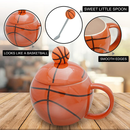 Basketball-Themed Ceramic Mug with Lid and Spoon – Fun Sports Gift for Fans, Players, Coaches & Kids – 14oz Coffee Tea Cup with Basketball Design (Red) - Image 5