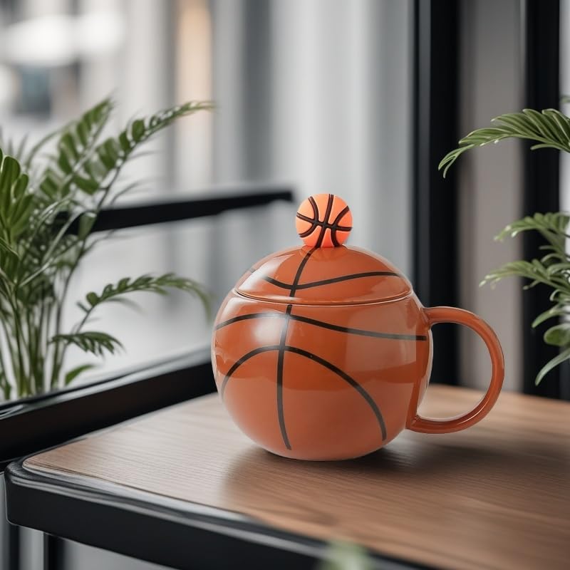 Basketball-Themed Ceramic Mug with Lid and Spoon – Fun Sports Gift for Fans, Players, Coaches & Kids – 14oz Coffee Tea Cup with Basketball Design (Red) - Image 7