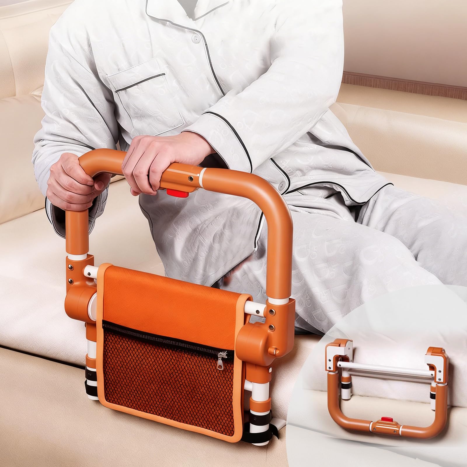 Adjustable Bed Rail for Elderly – Foldable Bedside Safety Grab Bar with Non-Slip Handle & Storage Pouch, Fits Twin to King Beds (Orange)