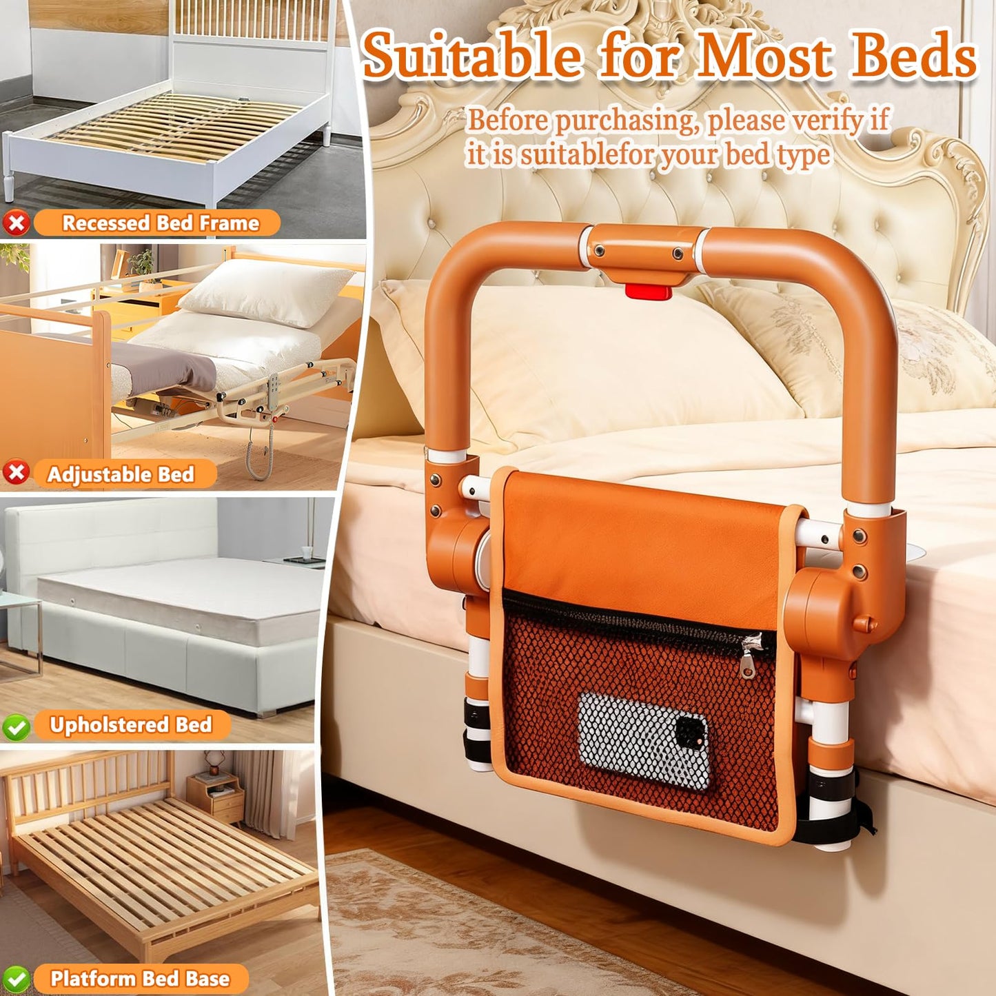 Adjustable Bed Rail for Elderly – Foldable Bedside Safety Grab Bar with Non-Slip Handle & Storage Pouch, Fits Twin to King Beds (Orange) - Image 3