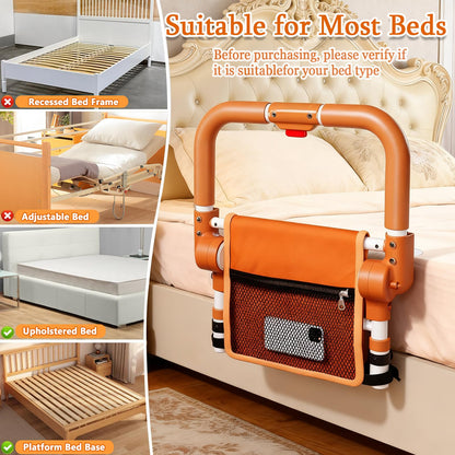 Adjustable Bed Rail for Elderly – Foldable Bedside Safety Grab Bar with Non-Slip Handle & Storage Pouch, Fits Twin to King Beds (Orange) - Image 3