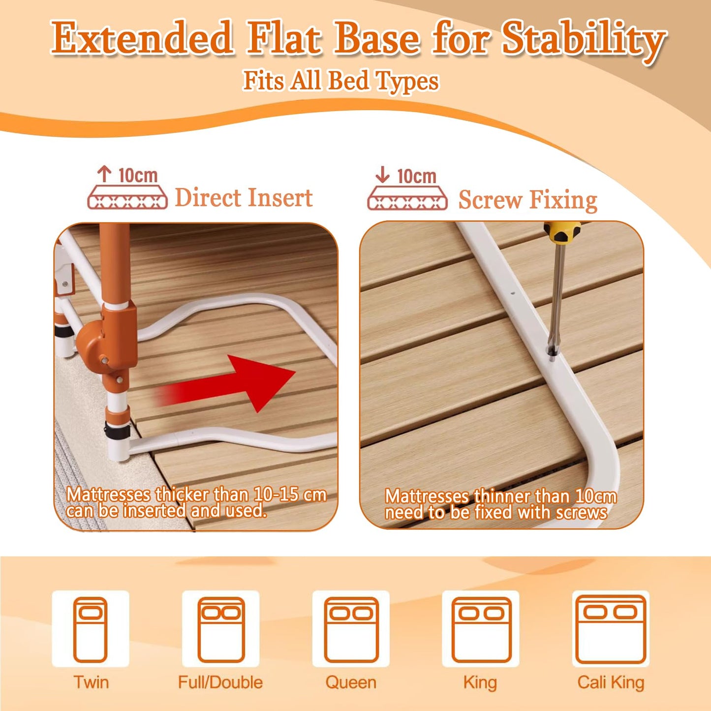 Adjustable Bed Rail for Elderly – Foldable Bedside Safety Grab Bar with Non-Slip Handle & Storage Pouch, Fits Twin to King Beds (Orange) - Image 4