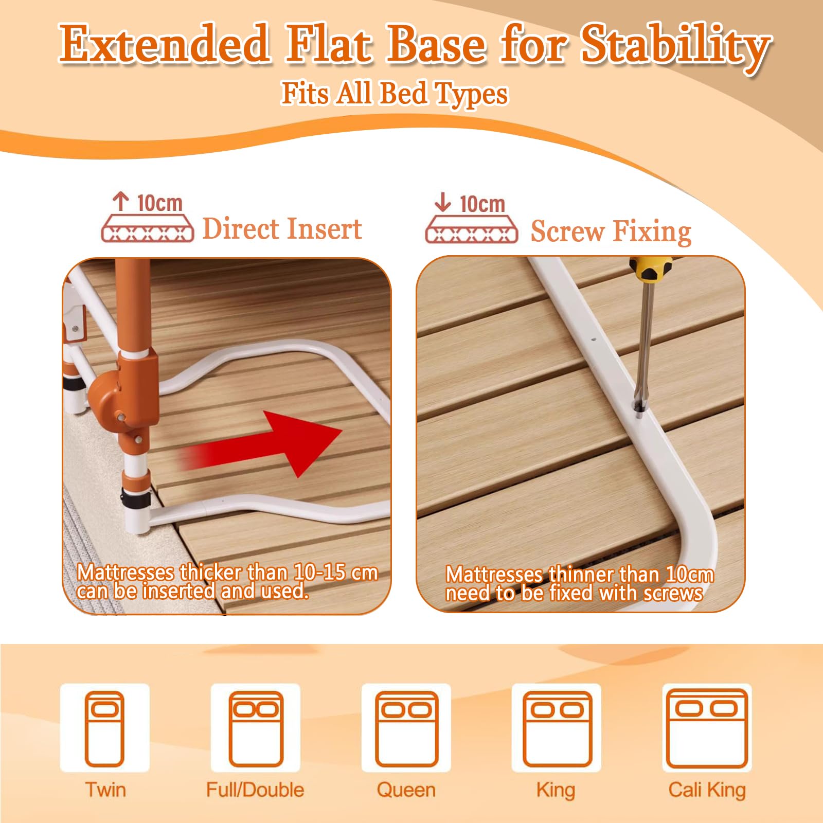 Adjustable Bed Rail for Elderly – Foldable Bedside Safety Grab Bar with Non-Slip Handle & Storage Pouch, Fits Twin to King Beds (Orange) - Image 4