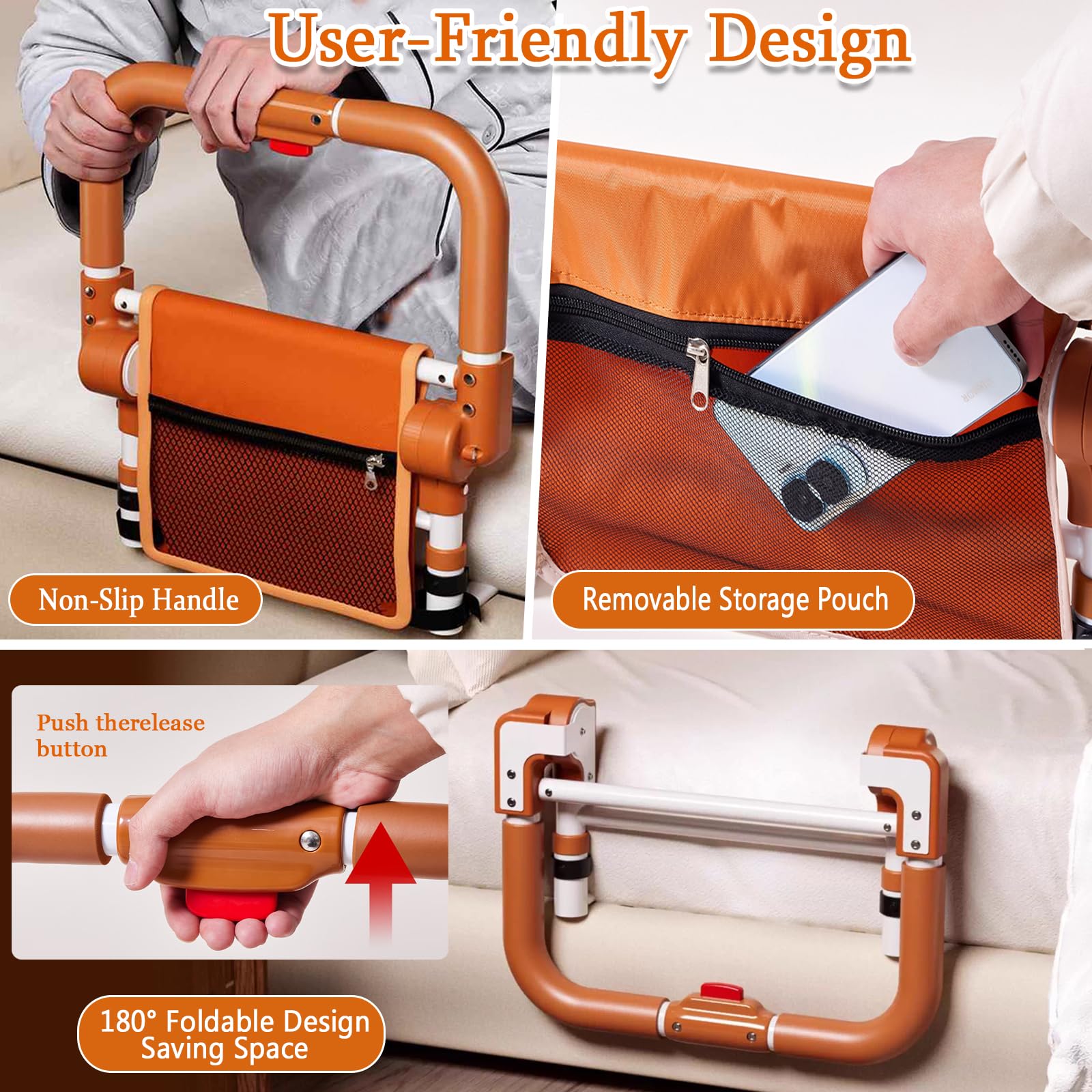 Adjustable Bed Rail for Elderly – Foldable Bedside Safety Grab Bar with Non-Slip Handle & Storage Pouch, Fits Twin to King Beds (Orange) - Image 6