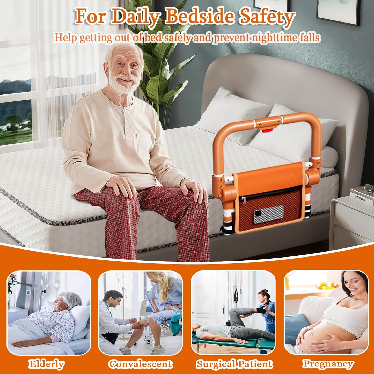 Adjustable Bed Rail for Elderly – Foldable Bedside Safety Grab Bar with Non-Slip Handle & Storage Pouch, Fits Twin to King Beds (Orange) - Image 7