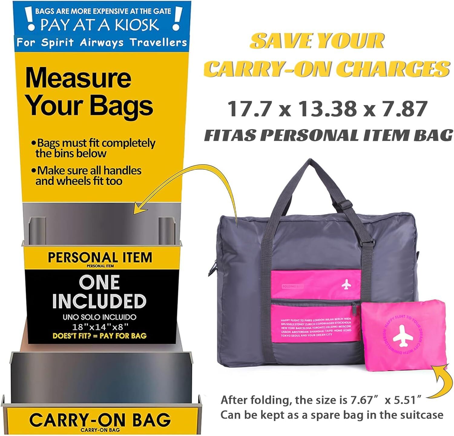 Compact Foldable Travel Duffel Bag – Lightweight Carry-On for Weekend Trips, Overnight & Gym Use (Pink) | Other Colors Available In-Store - Image 2