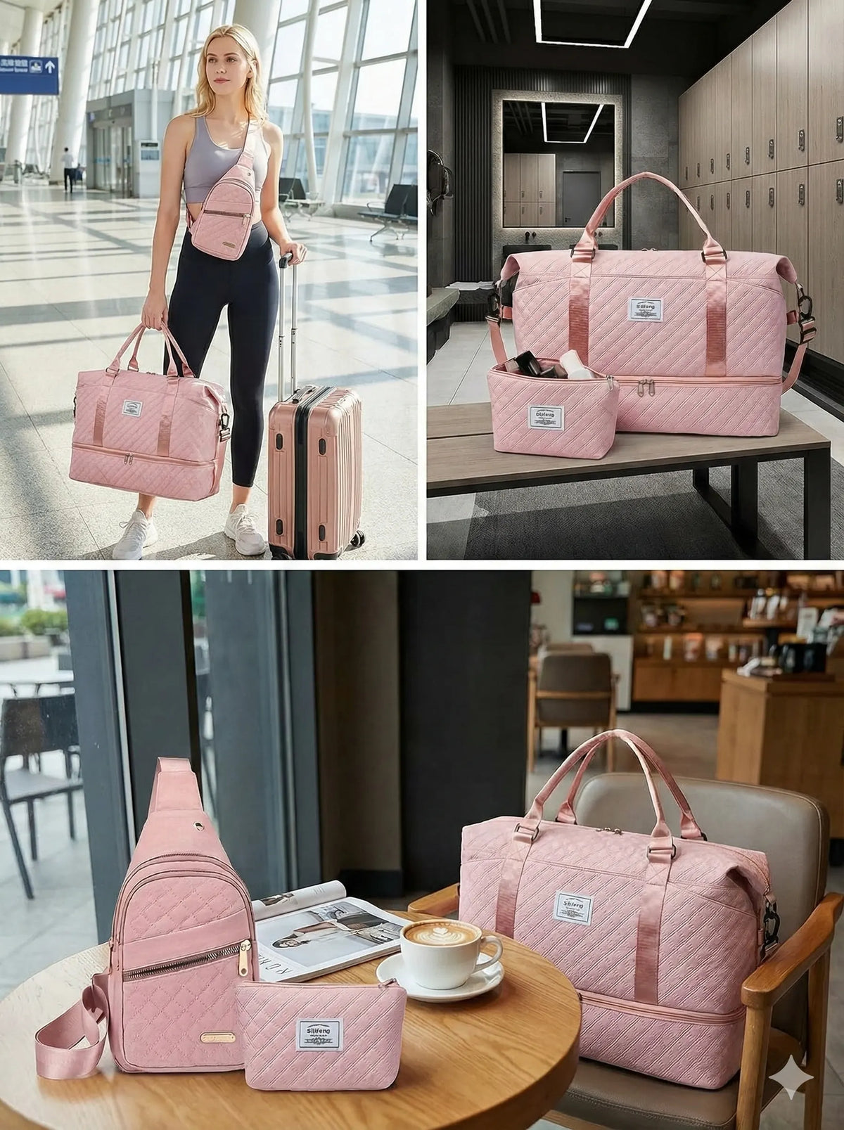 Women’s 3-Piece Travel Bag Set – Large Duffel, Crossbody Backpack & Toiletry Pouch for Gym, Maternity and Weekend Getaways (White)  | Other Colors Available in Store - Image 3