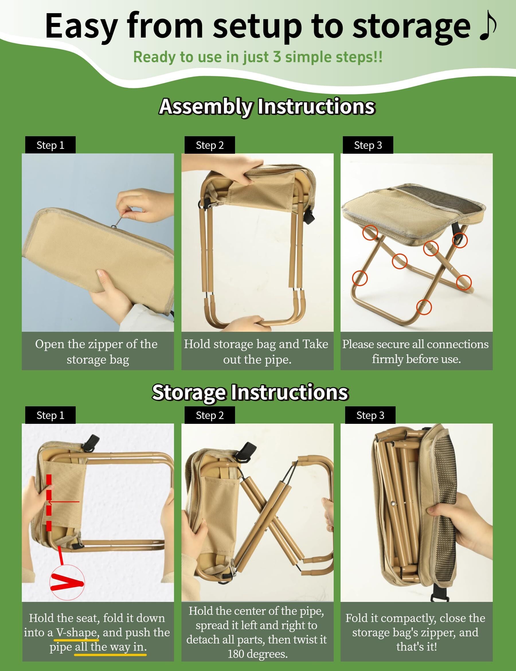 Green Portable Folding Chair – Compact Outdoor Stool for Camping, Fishing & Hiking | Lightweight Collapsible Seat with Carry Bag | Durable Steel Frame | Other Colours Available In-Store - Image 6