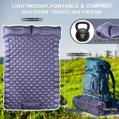 Double Camping Pad with Built-in Pillow: Foot Pump Inflatable Mattress for Tent/Backpacking – Ultralight, Foldable (Dark Blue) - Image 2