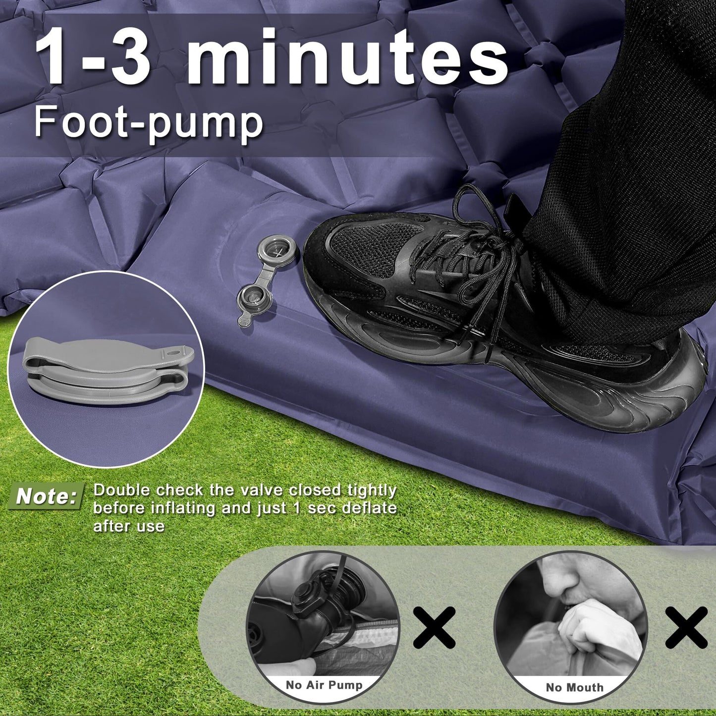 Double Camping Pad with Built-in Pillow: Foot Pump Inflatable Mattress for Tent/Backpacking – Ultralight, Foldable (Dark Blue) - Image 3