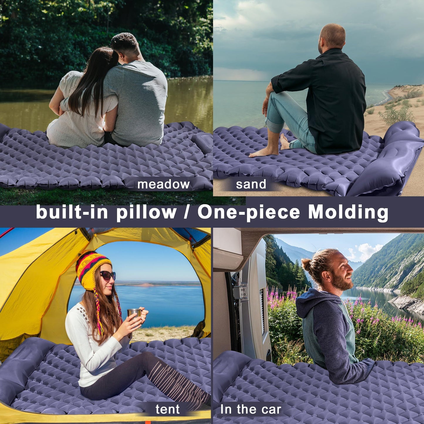 Double Camping Pad with Built-in Pillow: Foot Pump Inflatable Mattress for Tent/Backpacking – Ultralight, Foldable (Dark Blue) - Image 4