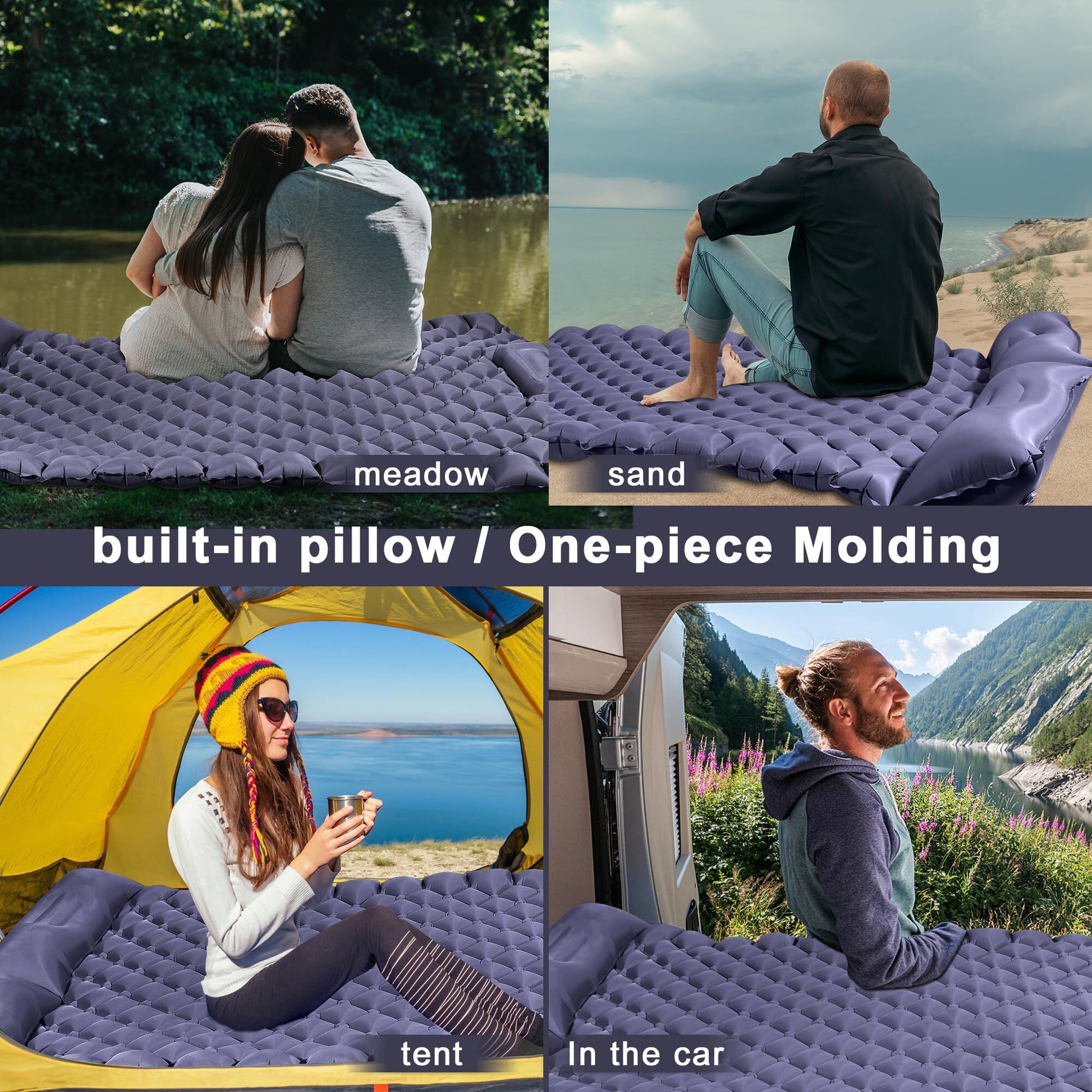 Double Camping Pad with Built-in Pillow: Foot Pump Inflatable Mattress for Tent/Backpacking – Ultralight, Foldable (Dark Blue) - Image 4