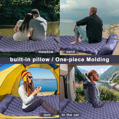 Double Camping Pad with Built-in Pillow: Foot Pump Inflatable Mattress for Tent/Backpacking – Ultralight, Foldable (Dark Blue) - Image 4