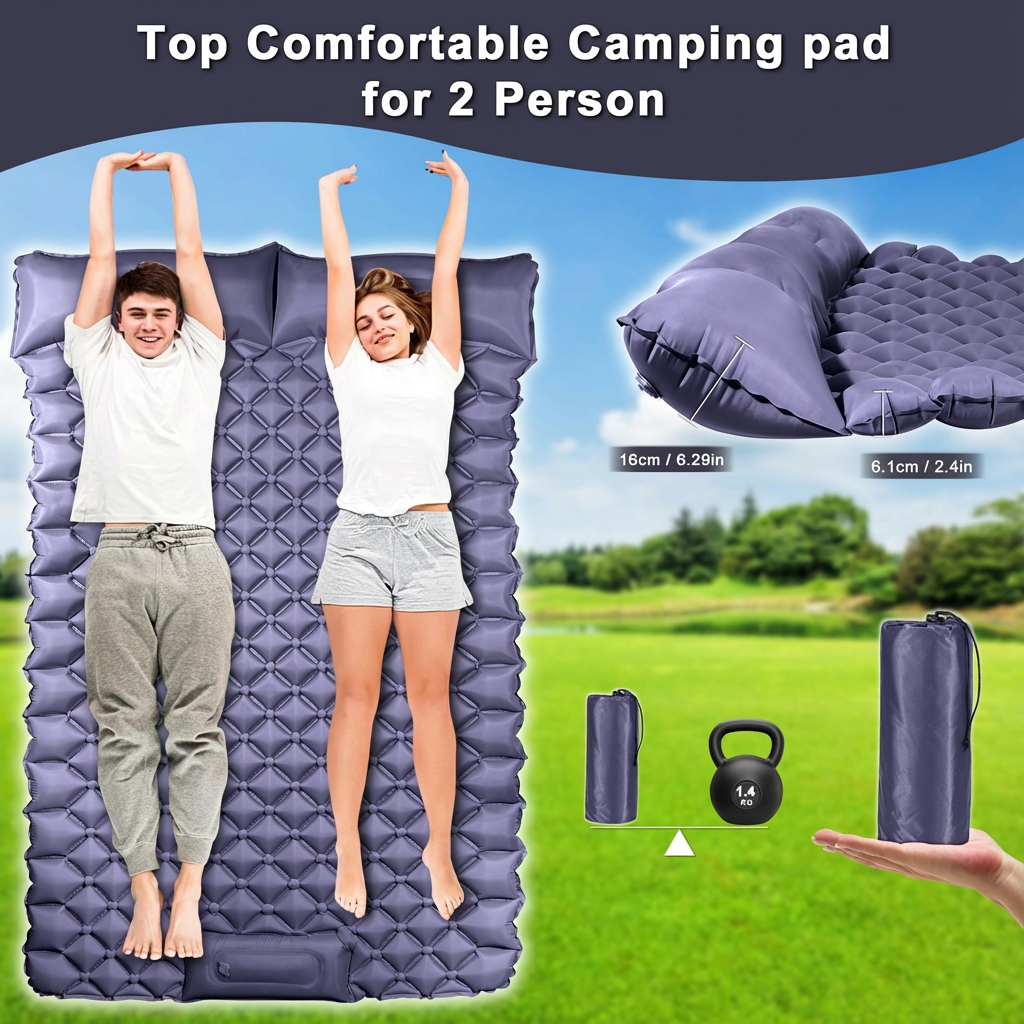 Double Camping Pad with Built-in Pillow: Foot Pump Inflatable Mattress for Tent/Backpacking – Ultralight, Foldable (Dark Blue) - Image 7