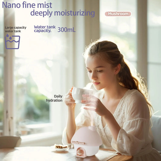 Portable Mushroom Humidifier with 7 Color Sunset Light, USB Rechargeable Mini Air Moisturizer for Desk, Bedroom, Travel, Baby Room – Silent & Cute Design Use(Pink) - Image 2