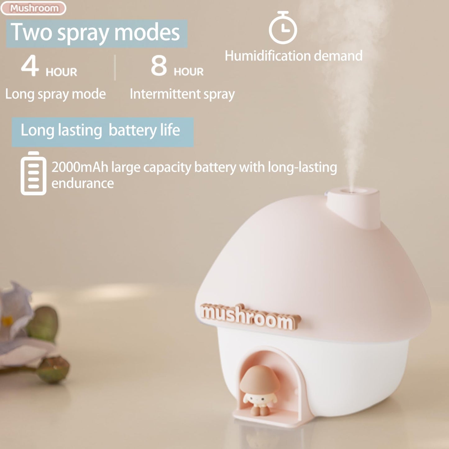Portable Mushroom Humidifier with 7 Color Sunset Light, USB Rechargeable Mini Air Moisturizer for Desk, Bedroom, Travel, Baby Room – Silent & Cute Design Use(Pink) - Image 5