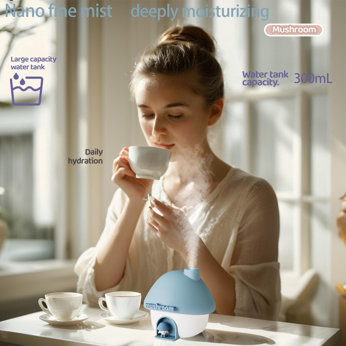 Portable Mushroom Humidifier with 7 Color Sunset Light, USB Rechargeable Mini Air Moisturizer for Desk, Bedroom, Travel, Baby Room – Silent & Cute Design Use(Blue) - Image 2