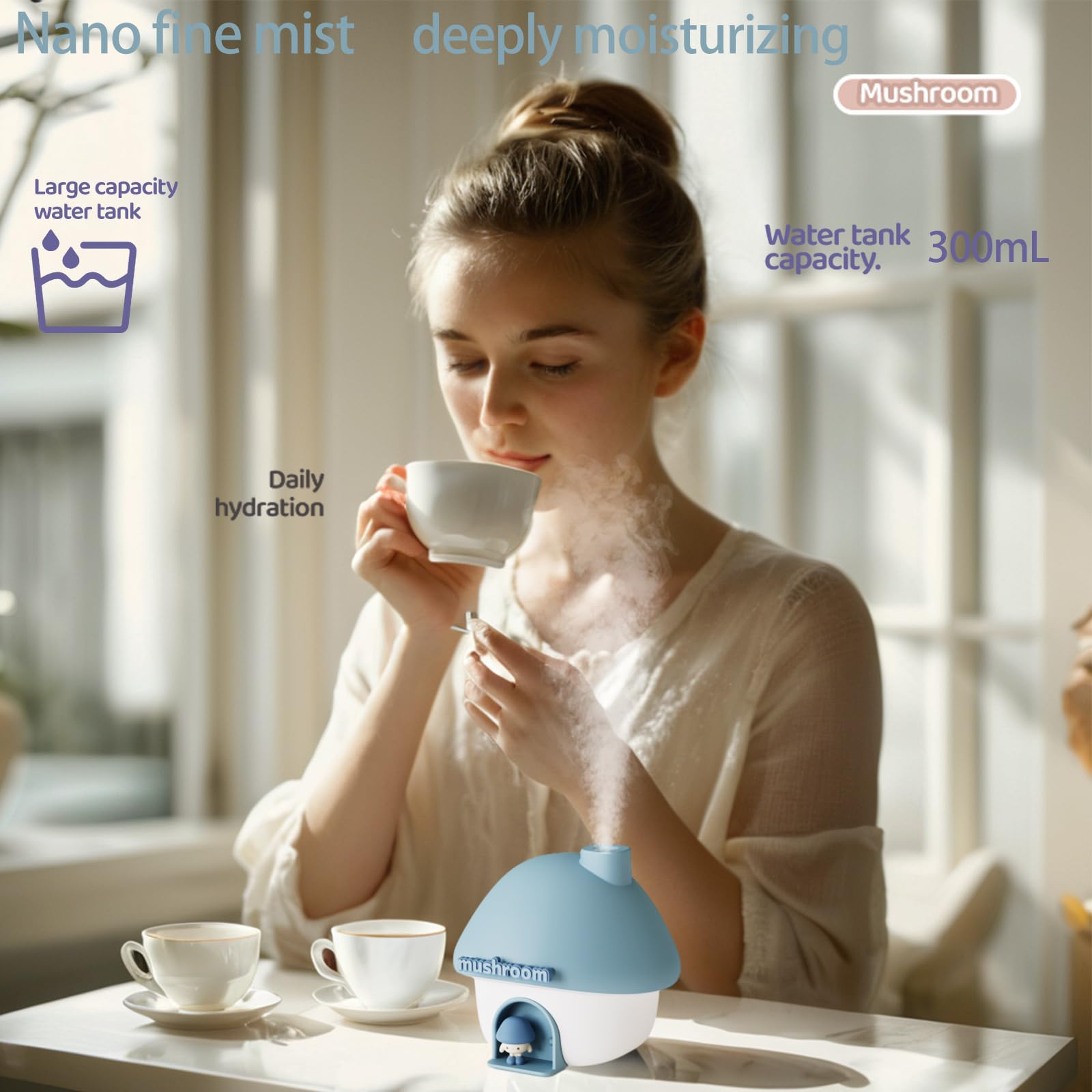 Portable Mushroom Humidifier with 7 Color Sunset Light, USB Rechargeable Mini Air Moisturizer for Desk, Bedroom, Travel, Baby Room – Silent & Cute Design Use(Blue) - Image 2