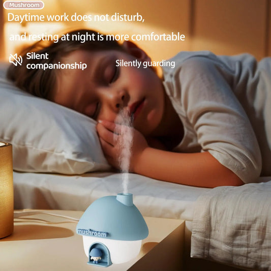 Portable Mushroom Humidifier with 7 Color Sunset Light, USB Rechargeable Mini Air Moisturizer for Desk, Bedroom, Travel, Baby Room – Silent & Cute Design Use(Blue) - Image 4