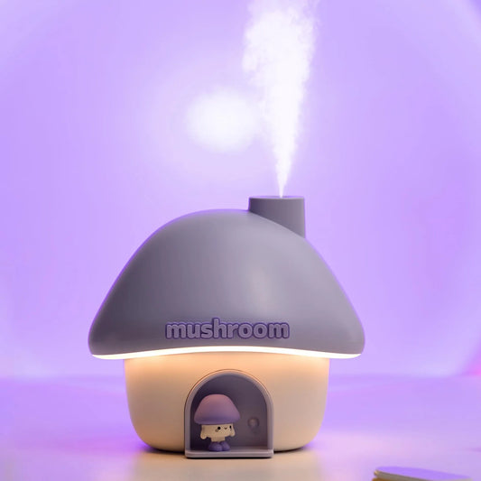 Portable Mushroom Humidifier with 7 Color Sunset Light, USB Rechargeable Mini Air Moisturizer for Desk, Bedroom, Travel, Baby Room – Silent & Cute Design Use(Purple)