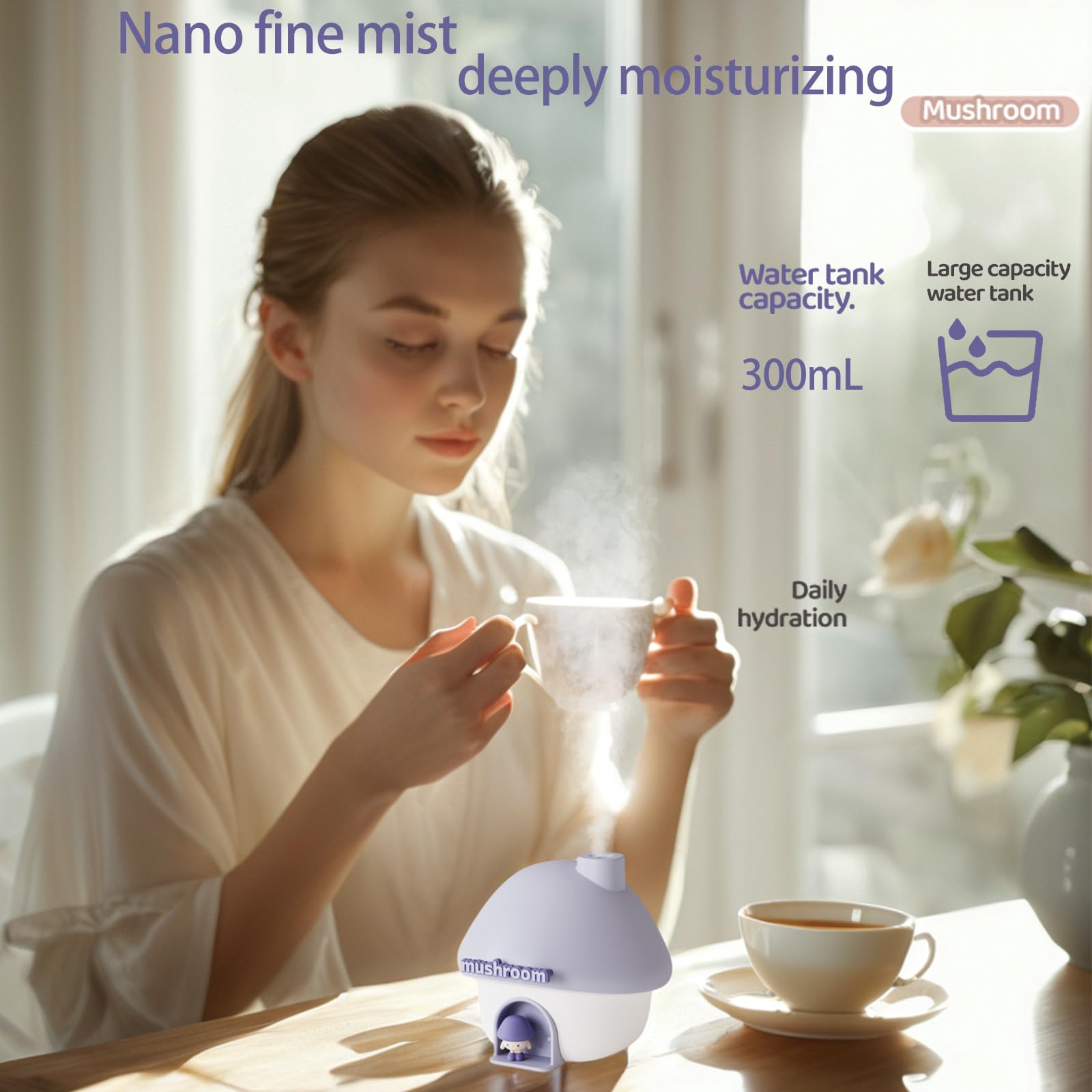 Portable Mushroom Humidifier with 7 Color Sunset Light, USB Rechargeable Mini Air Moisturizer for Desk, Bedroom, Travel, Baby Room – Silent & Cute Design Use(Purple) - Image 2
