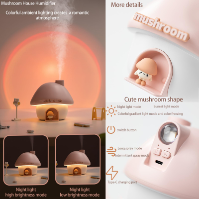 Portable Mushroom Humidifier with 7 Color Sunset Light, USB Rechargeable Mini Air Moisturizer for Desk, Bedroom, Travel, Baby Room – Silent & Cute Design Use(Purple) - Image 6