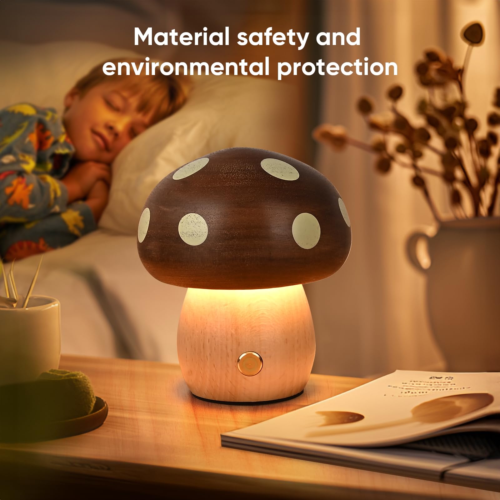 Touch Control Mushroom Night Light – Rechargeable Wooden Desk Lamp with 4 Brightness Levels, Soft Warm Glow for Baby Nursery, Bedroom, or Travel (Wooden Color) - Image 2
