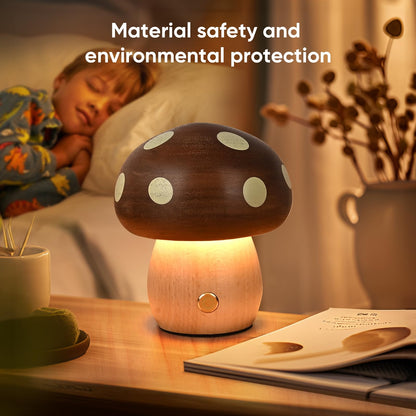 Touch Control Mushroom Night Light – Rechargeable Wooden Desk Lamp with 4 Brightness Levels, Soft Warm Glow for Baby Nursery, Bedroom, or Travel (Wooden Color) - Image 2