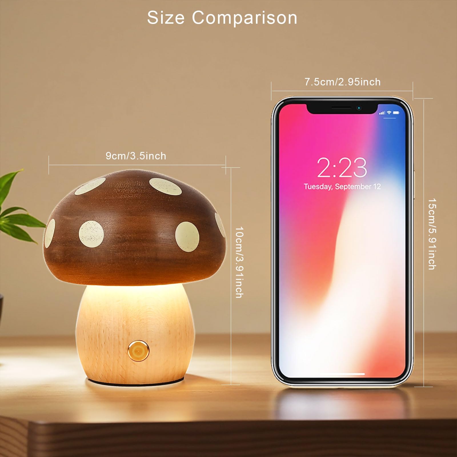 Touch Control Mushroom Night Light – Rechargeable Wooden Desk Lamp with 4 Brightness Levels, Soft Warm Glow for Baby Nursery, Bedroom, or Travel (Wooden Color) - Image 4