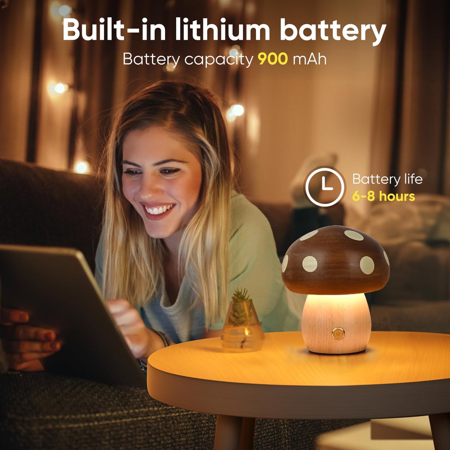 Touch Control Mushroom Night Light – Rechargeable Wooden Desk Lamp with 4 Brightness Levels, Soft Warm Glow for Baby Nursery, Bedroom, or Travel (Wooden Color) - Image 5