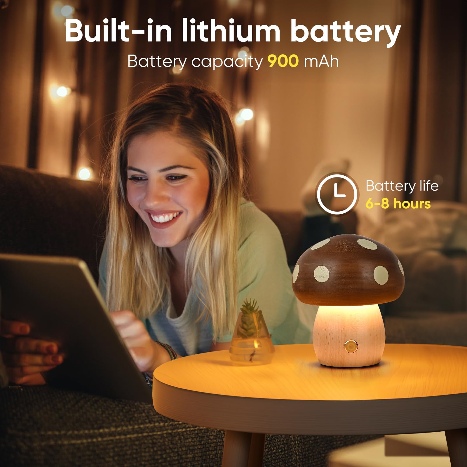 Touch Control Mushroom Night Light – Rechargeable Wooden Desk Lamp with 4 Brightness Levels, Soft Warm Glow for Baby Nursery, Bedroom, or Travel (Wooden Color) - Image 5